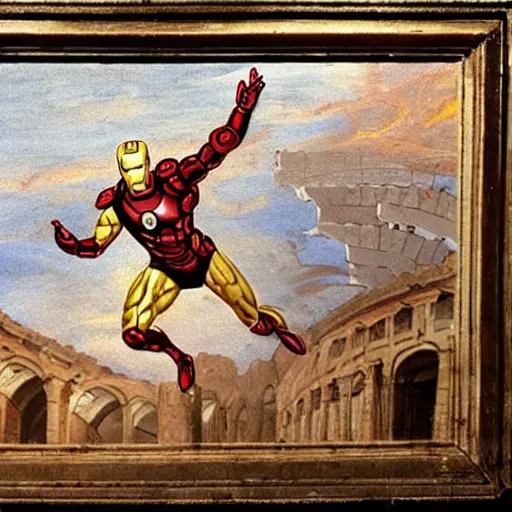Image similar to hellenistic greece painting of ironman flying across the coliseum