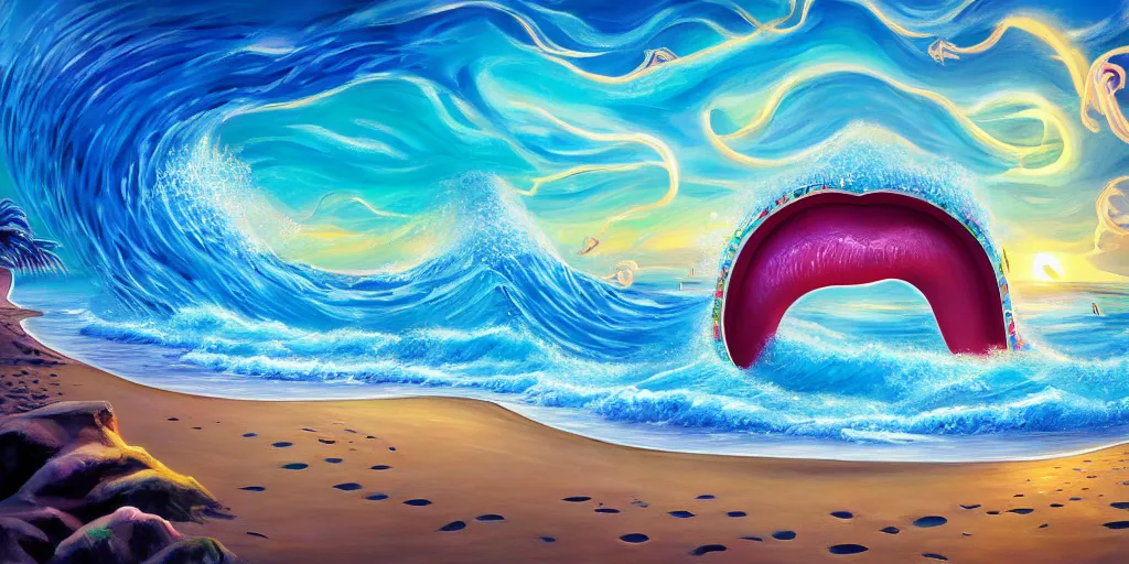 Image similar to A surrealist beach shaped like a singing mouth, the waves are made musical notes, one wave is shaped like the mouths tongue, Very colorful painting 8k trending on art station, Intricate details, very realistic, cinematic lighting, volumetric lighting,