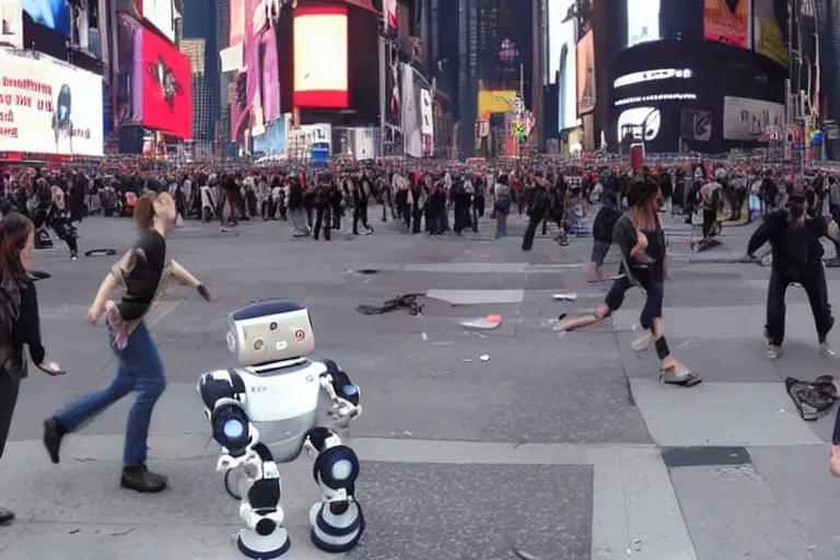 Image similar to robots attacking people in times square security camera footage