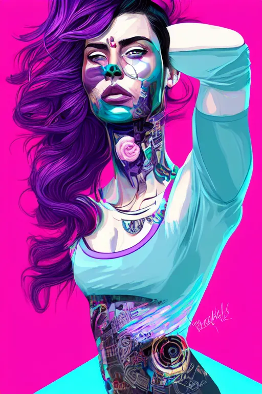 Image similar to a award winning half body porttrait of a beautiful woman in a croptop with ombre purple pink teal hairstyle with head in motion and hair flying by sandra chevrier, outrun, vaporware, illustration, digital art, trending on artstation, highly detailed, fine detail, intricate