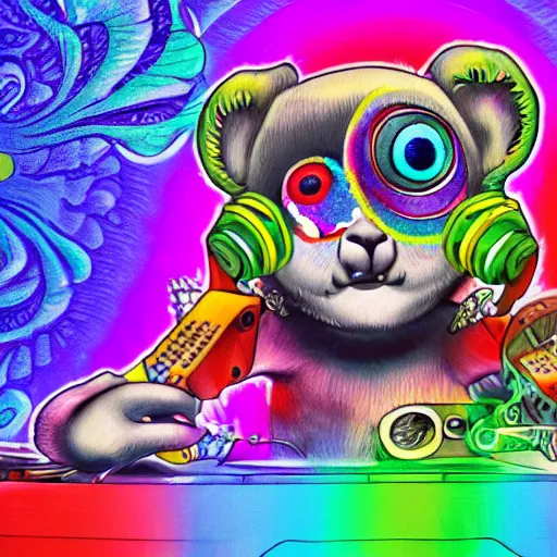 Prompt: shoulder back tattoo of a multicolored hallucinogenic cute bush baby as disc jockey with dj desk, eyes are colorful spirals, surrounded with colorful magic mushrooms and rainbowcolored marihuana leaves, insanely integrate
