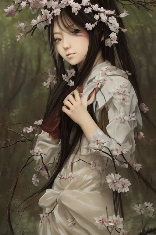 Image similar to Anthro Portrait of japanese white tailed deer girl, D&D, dark fantasy, anthro portrait, sakura blooming on background, intricate, elegant, deer portrait, highly detailed, digital painting, artstation, concept art, smooth, sharp focus, maybe some llama, illustration, art by artgerm and greg rutkowski and alphonse mucha, daily deviation, masterpiece