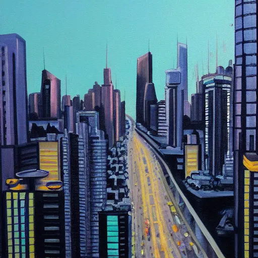 Image similar to cityscape at dusk painted by nathan walsh, detailed