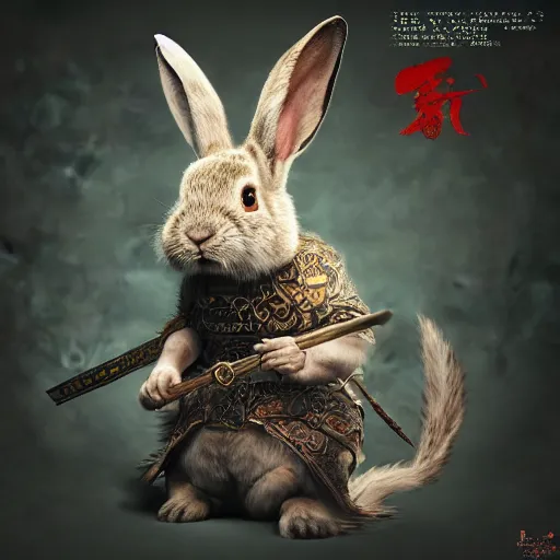 Prompt: The Chinese Zodiac sign of rabbit warrior, traditional Chinese textures, hyper detail, Unreal engine,Octane render, by Brooke Shaden