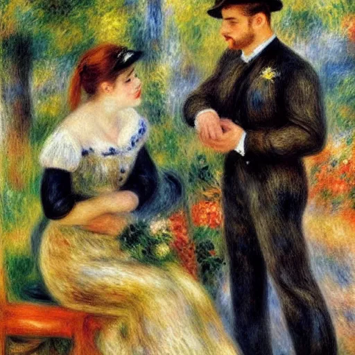 Image similar to art by renoir, real lgbt love, people wearing clothes