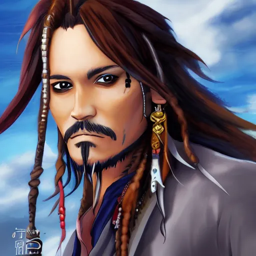 Image similar to portrait of captain jack sparrow, anime fantasy illustration by tomoyuki yamasaki, kyoto studio, madhouse, ufotable, trending on artstation