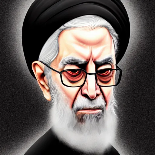 Image similar to potrait of khamenei looking like demon, miserable, horror, dark high detail, sharp high detail, artstation