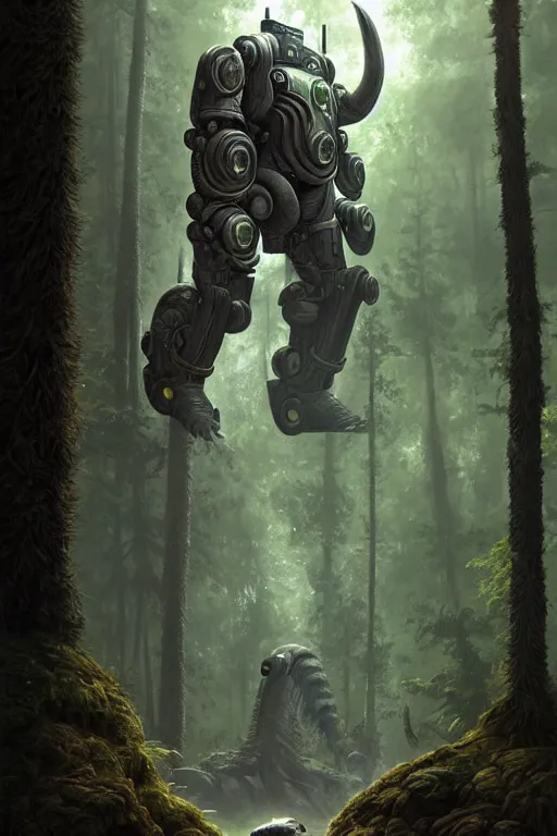 Prompt: a mammoth wearing futuristic power armor in a forest, fantasy, intricate, highly detailed, digital painting, HQ, trending on artstation, illustration, style of Stanley Artgerm and Greg Rutkowski and Dan Mumford