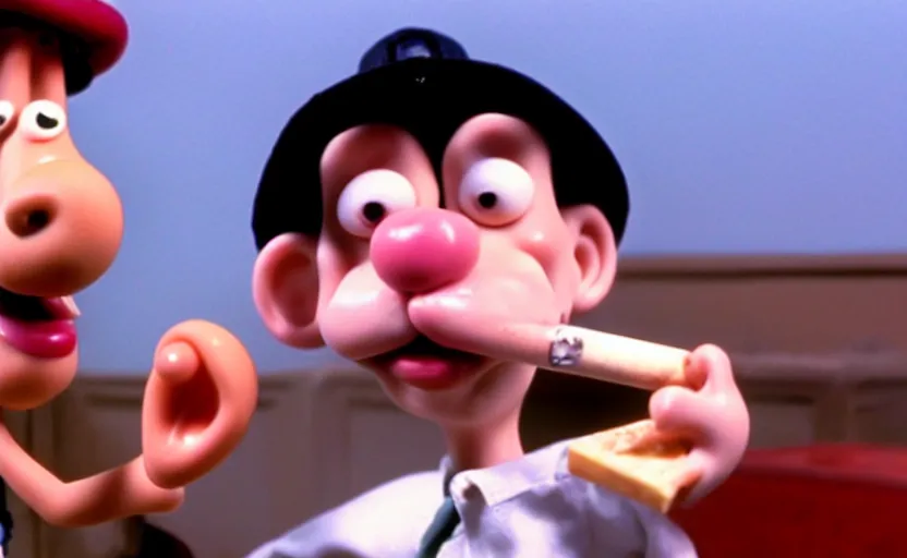 Image similar to Wallace smoking crack from a crack pipe in a still from the short movie A Grand Day Out (1989), crack cocaine, Wallace and Gromit, Aardman Animations, claymation, 4k, high quality