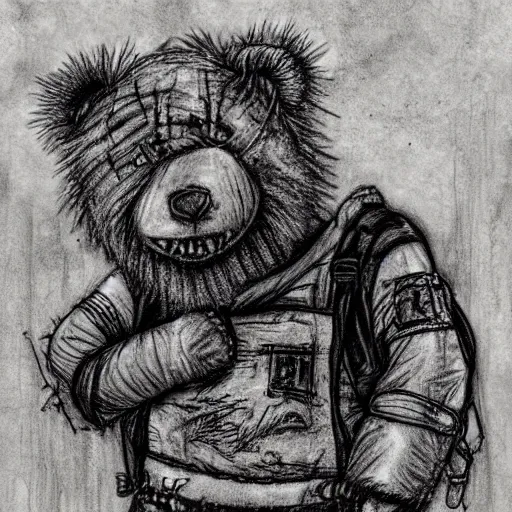 Prompt: grunge drawing of a teddy bear in the style of mad max | horror themed | loony toons style