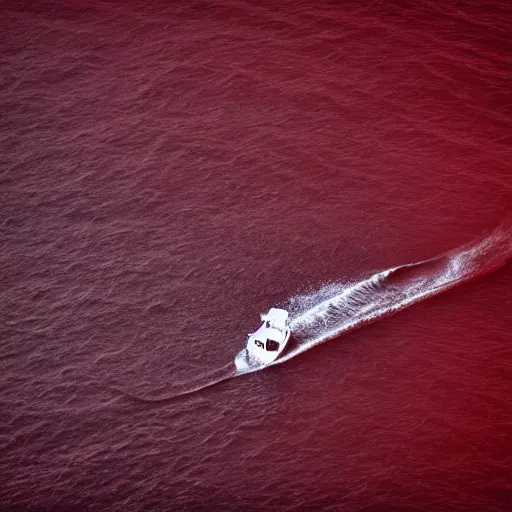 Prompt: a lonely boat floating in the turbulent red ocean, tsunami, fierce huge waves, dangerous depressing atmosphere, dark tone, illustration, aerial view, evil