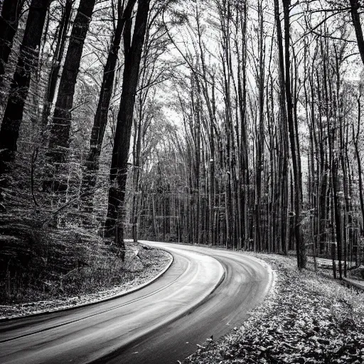 Image similar to indycar driving in the woods, black and white photo