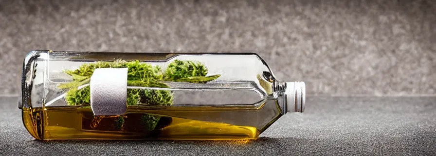 Prompt: symmetric horizontal bottle with weed inside