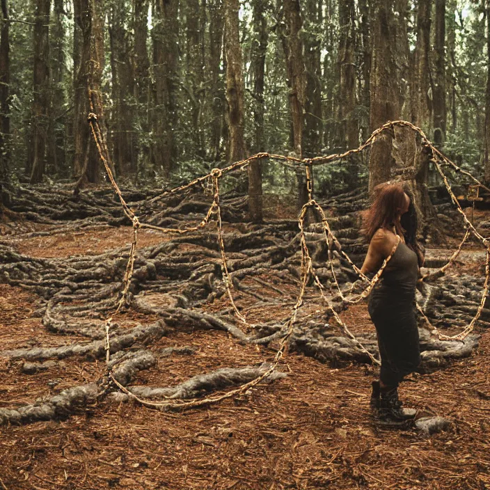 Prompt: a woman wrapped in chains, dragging a pile of chains, in a forest, by Erik Almas, CANON Eos C300, ƒ1.8, 35mm, 8K, medium-format print