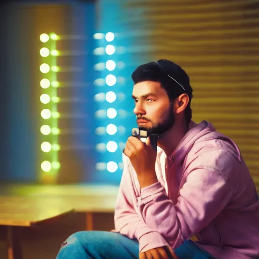 Prompt: a crowded party, a man is sitting in a corner by himself playing fortnite, pastel background colours and square lighting structures in the background. 2 0 0 mm, bokeh, kodak ektar 1 0 0, portrait photography,