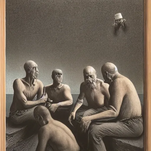 Image similar to a group of men having a beer by artist zdzisław beksinski