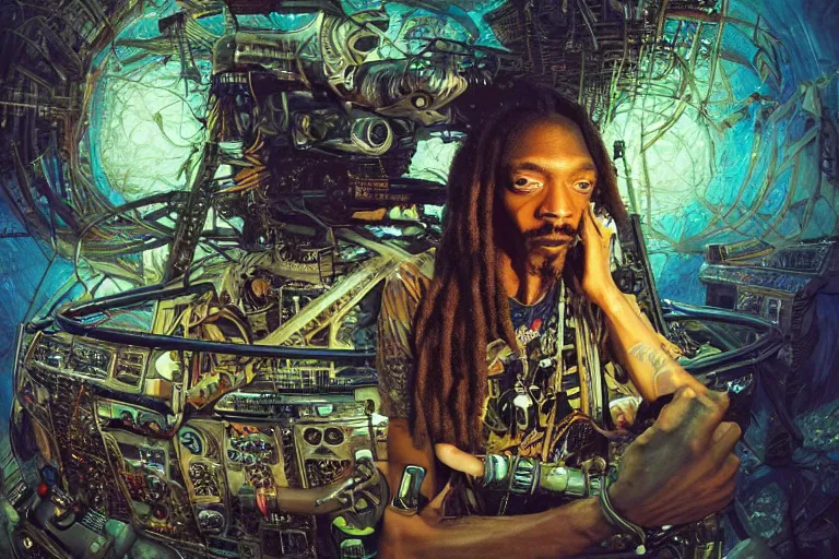 Prompt: a fisheye lens photo of a post apocalyptic tribal cyborg snoop dogg tweaking and playing synthesizers in the most complicated and technical spiral fractal musical studio, powerful, cinematic, beautifully lit, by donato giancola, by artgerm, by karol bak, 3 d, perfect face and body, trending on artstation, octane render, 8 k