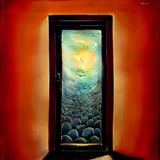 Image similar to a gust of night pushed its way in the door by jeffrey smith, oil on canvas