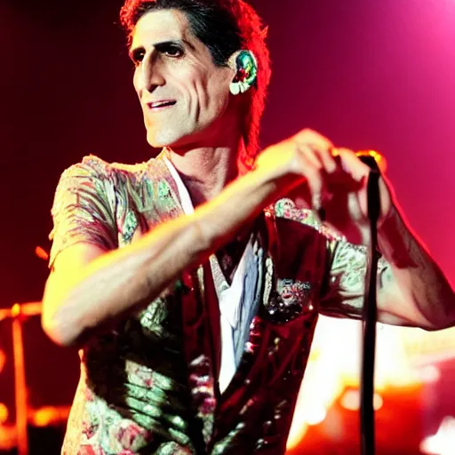 Image similar to perry farrell singing live on stage, dressed as an angel, photographic quality, live concert photo