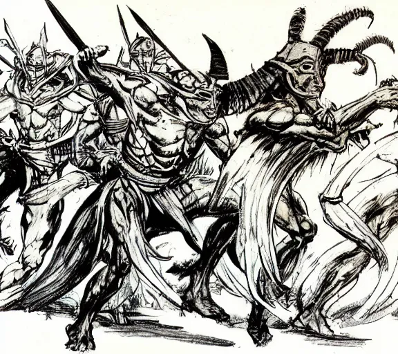 Image similar to four medeival adventurers flee, a group of mantis men, pen and ink, by frank Frazetta