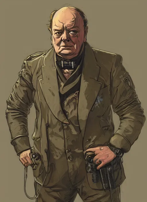 Prompt: winston churchill. cyberpunk mercenary in tactical harness and jumpsuit. portrait by stonehouse and mœbius and will eisner and gil elvgren and pixar. realistic proportions. dystopian. cyberpunk 2 0 7 7, apex, blade runner 2 0 4 9 concept art. cel shading. attractive face. thick lines.