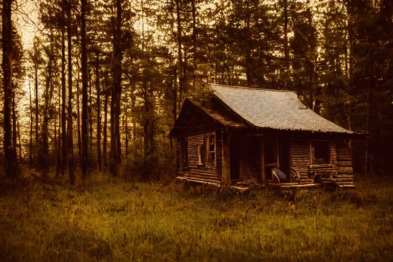 Prompt: dusk forest abandoned cottage in summer tilt shift, Cinematic, wildlife photography, 35mm, photo on iphone