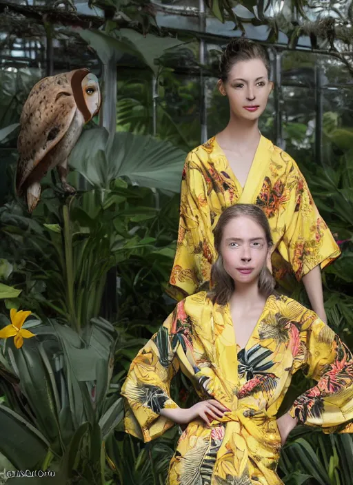 Image similar to amazing portrait photograph of an elegant top model wearing a yellow kimono with a very detailed barn owl on her shoulder!!! in a tropical greenhouse. looking at the camera!!. super resolution. Extremely detailed. art by Rineke Dijkstra.