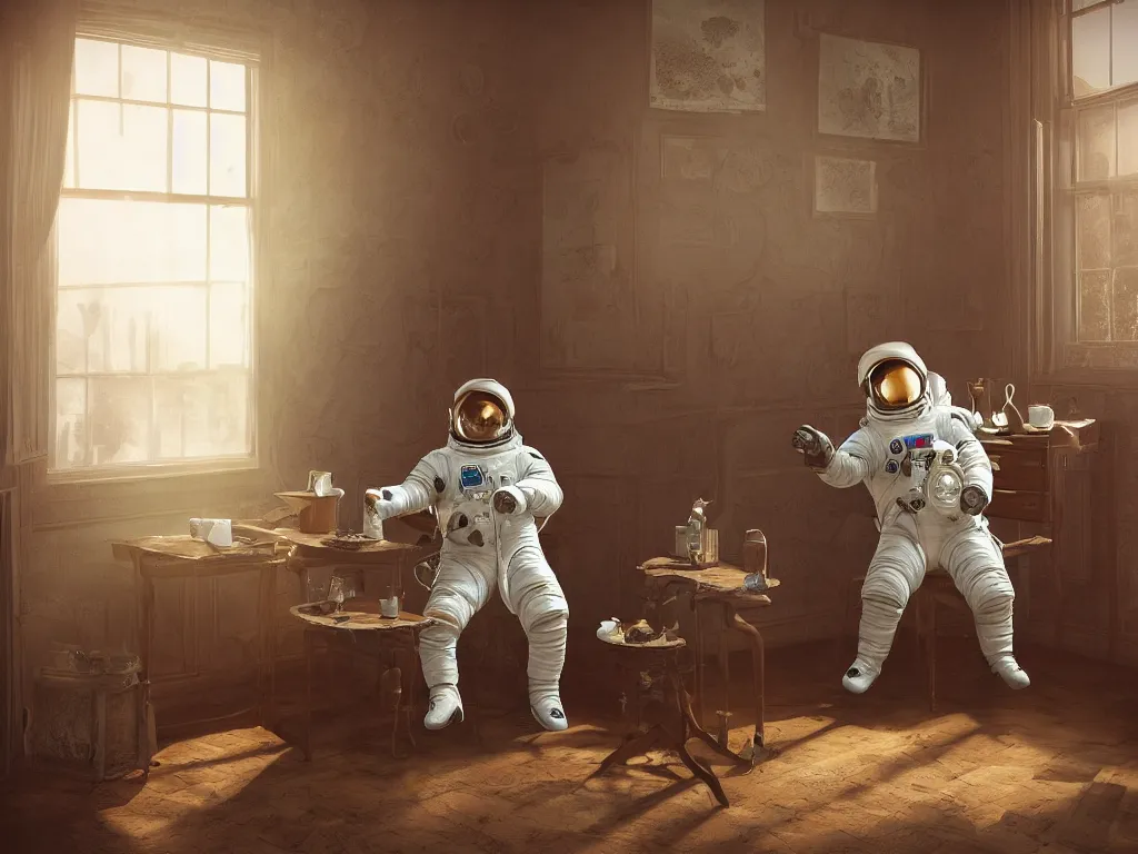 Image similar to a single cosmonaut in a spacesuit drinks a steaming cup of tea at an old wooden desk in a richly decorated Victorian house. the autumn light comes in through a window and dimly illuminates the room, diffuse light, octane render