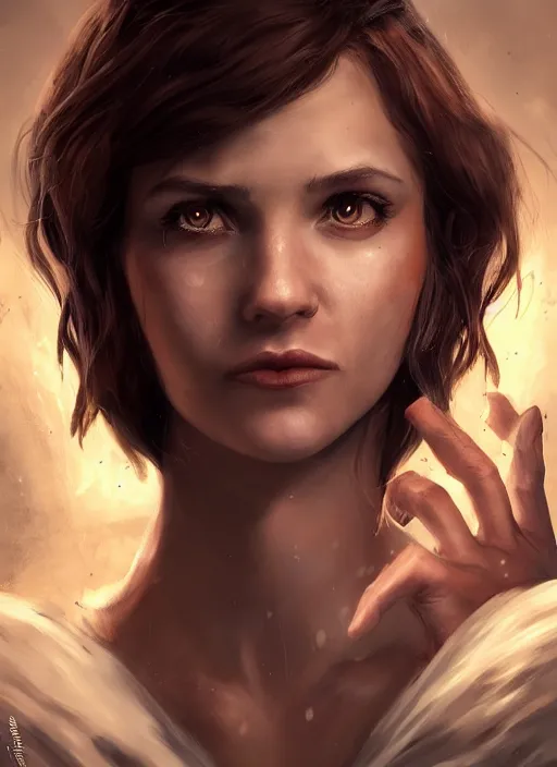 Prompt: An epic fantastic realism comic book style portrait painting of a beautiful psychic sorcerous, short brown hair, floating in the air, D&D Concept Art, unreal 5, DAZ, hyperrealistic, octane render, cosplay, RPG portrait, dynamic lighting