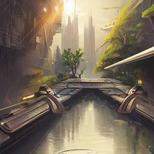 Image similar to Narrow cosy waterway in futuristic sci-fi city in harmony with nature. Nice colour scheme, soft warm colour. Beautiful detailed illustration by Lurid. (2022)