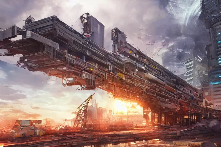 Image similar to very complex huge railgun being constructed at the middle of the city, digital painting, mixed media, trending on artstation and deviantart, epic composition, highly detailed, 8 k