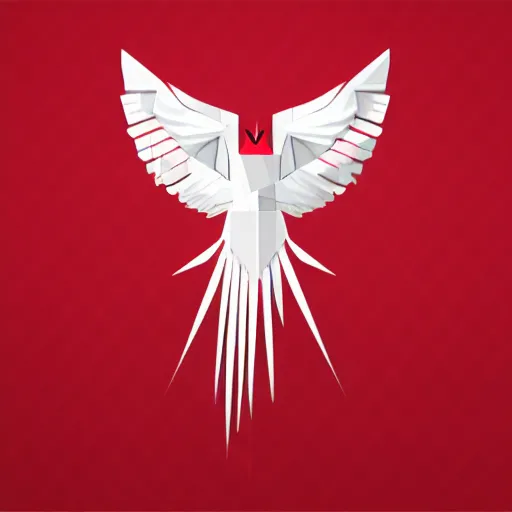 Image similar to geometric white eagle flying above an open black book, icon, red background, vector, simple logo, cgsociety, artstation, octane render