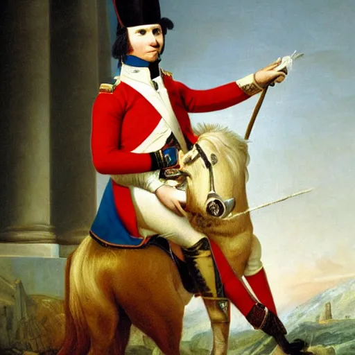Prompt: photo, napoleon bonaparte sits on twine with his legs widely spread