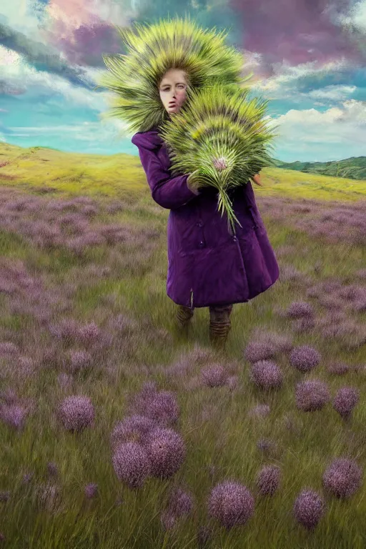 Prompt: portrait, huge thistle flower head, a girl wearing coat in heather field, surreal photography, wind and cold, dramatic sky, impressionist painting, digital painting, artstation, simon stalenhag