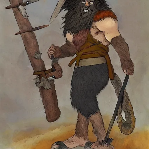 Prompt: hairy barbarian with moose head by johan grenier and studio ghibli