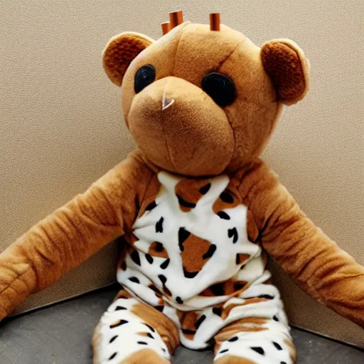 Prompt: a teddy bear wearing a giraffe costume