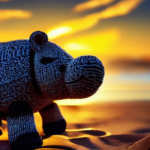 Image similar to a closeup photorealistic photograph of a cute smiling knitted tiger hippopotamus catching a beachball at sunset. surf in the background. professional capture. this 4 k hd image is trending on artstation, featured on behance, well - rendered, extra crisp, features intricate detail, epic composition and the style of unreal engine.