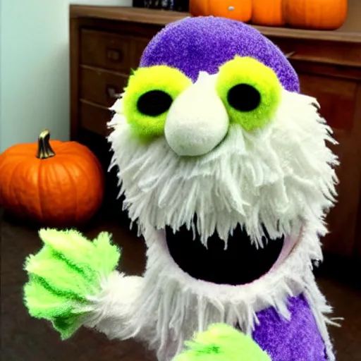 Image similar to a home made halloween ghost muppet plush, sesame street, photograph, realistic, photorealistic