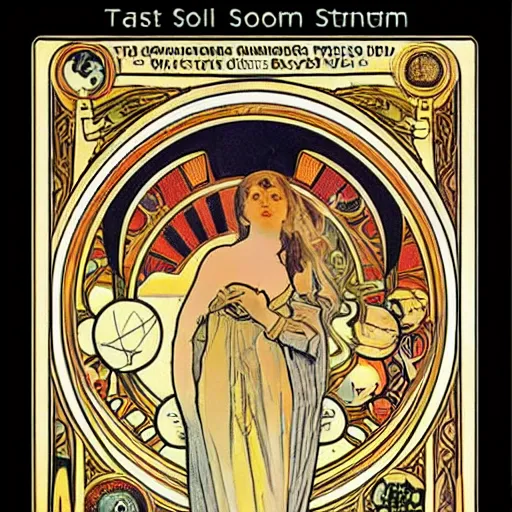 Image similar to Tarot card about solar system, Alphonse Mucha