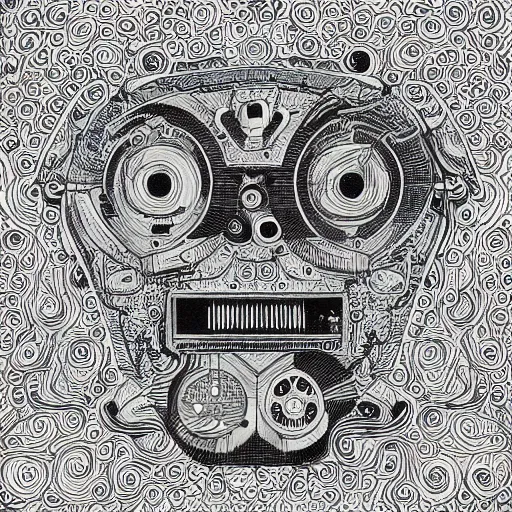 Image similar to “geometrically incomprehensible surreal order of happy robot, extremely high detail, photorealistic, intricate line drawings, dotart, album art in the style of James Jean”