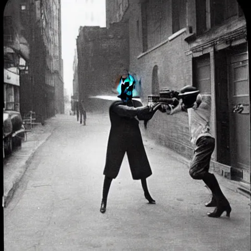 Image similar to old black and white photo, 1 9 2 5, depicting batman fighting a gangster in an alley of new york city, tommy gun, rule of thirds, historical record