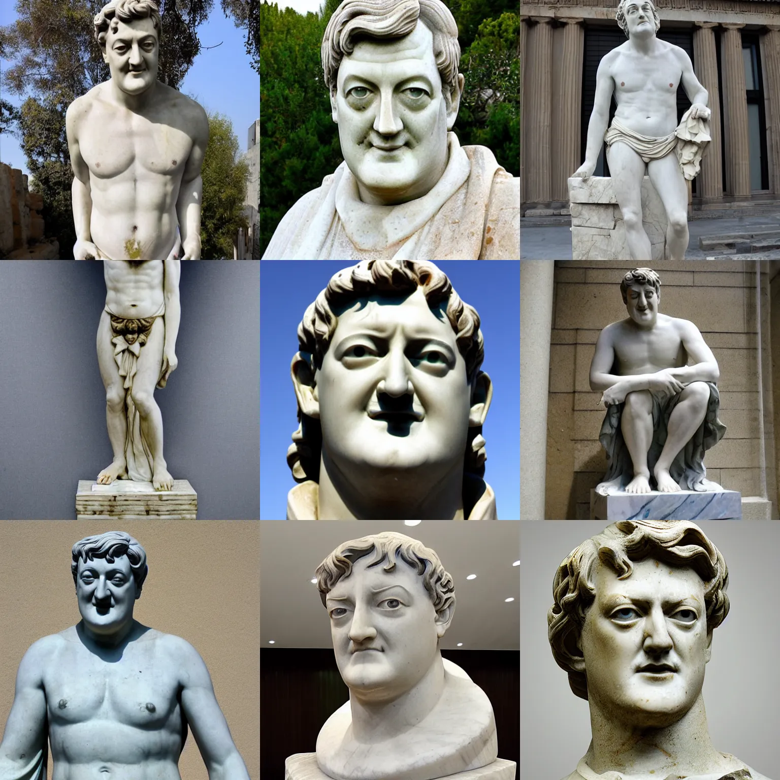 Prompt: a greek marble statue of stephen fry