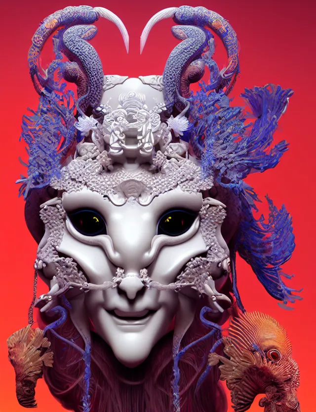 Image similar to 3 d goddess close - up 3 / 4 portrait with ram skull. beautiful intricately detailed japanese crow kitsune mask and clasical japanese kimono. betta fish, jellyfish phoenix, bio luminescent, plasma, ice, water, wind, creature, artwork by tooth wu and wlop and beeple and greg rutkowski