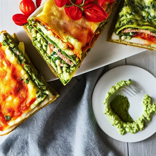 Prompt: a pesto lasagna sandwich, cookbook photo