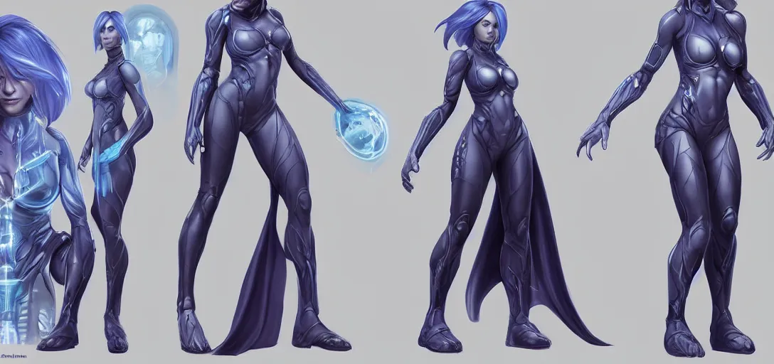 Image similar to character sheet concept art of cortana, realistic, hyper realistic, photographic, costume, by marc brunet and artgerm