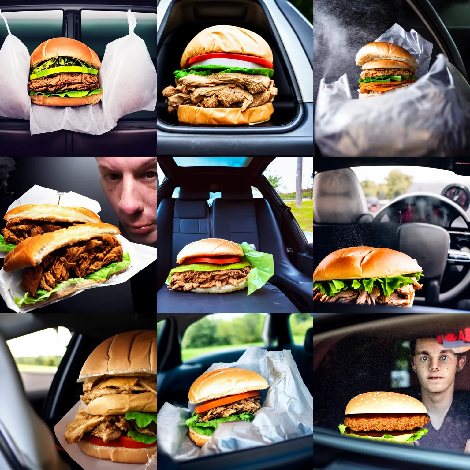 Prompt: steaming stinking garbage bag with human face sloppily gobbling chicken sandwich inside car, fast food review, wide angle, specular highlights, fetid atmosphere