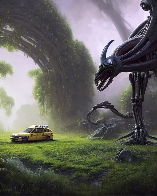 Image similar to xenomorph taxi car in a fantasy village, calming, uplifting mood, ultra realistic, farm, small buildings, highly detailed, atmosphere, masterpiece, epic lighting, elves, green plants, magic, illuminated, 4 k, cinematic, morning sun, art by eddie mendoza and sylvain sarrailh and jonathan berube