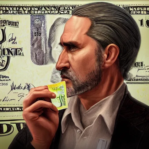 Image similar to portrait of sad man holding out his last dollar bill. Trending on artstation