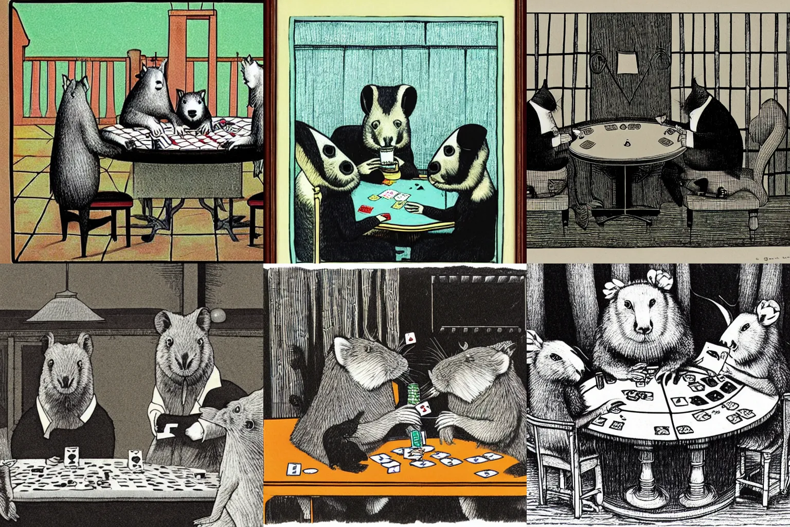 Prompt: wombats playing poker by edward gorey