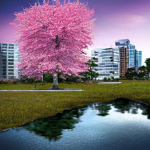 Prompt: cherry blossoms wrapping around a tall sky rise building in an abandoned city, digital art highly detailed, award winning